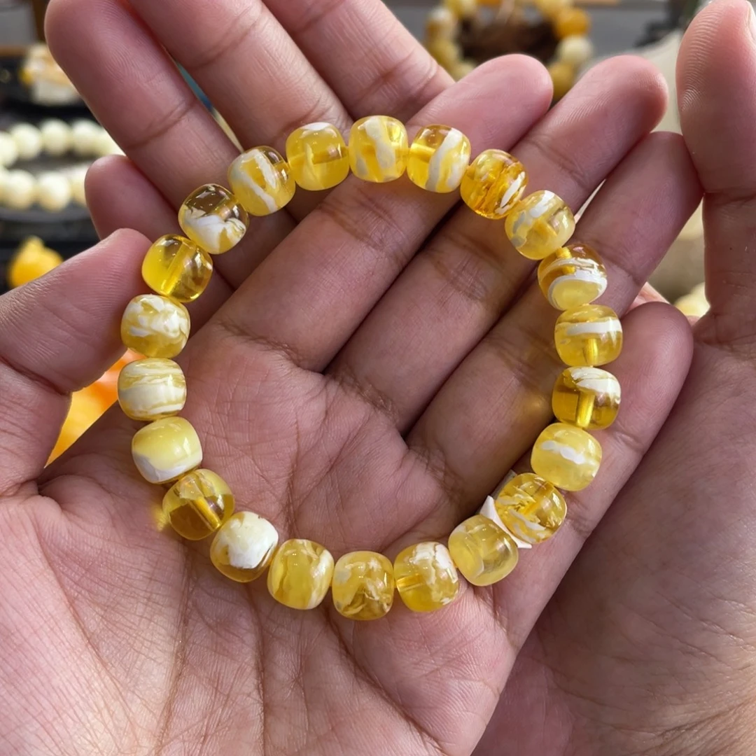 琥珀未镶嵌手链俄料金瓷白溶洞妖花老型单圈