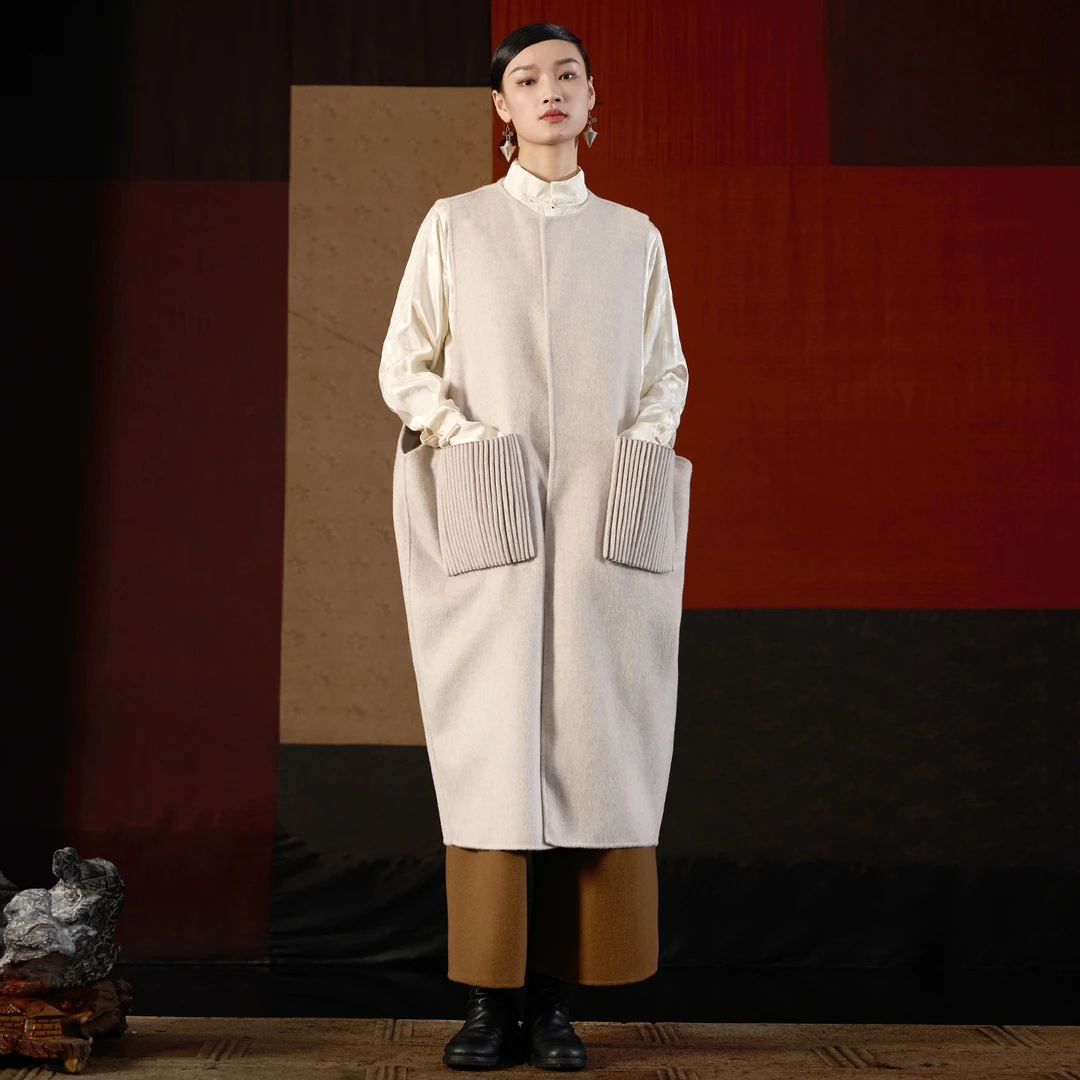 界内界外宽松复古茧型老钱风双面羊毛长款马夹外套大衣J43D7125-1