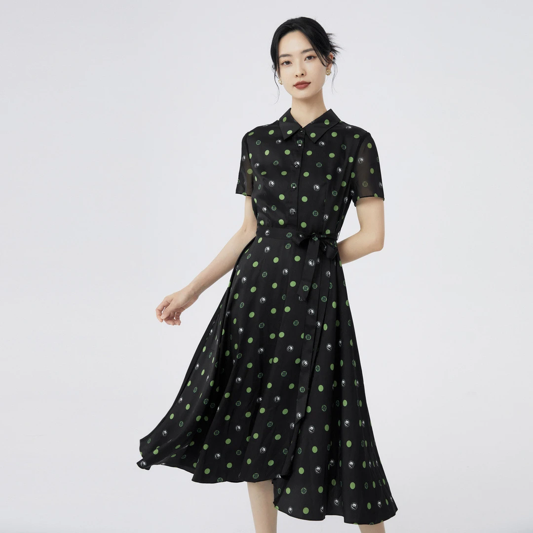 【岚岚专属】娜尔思春季波尔卡圆舞衬衫领波点气质连衣裙女收腰裙