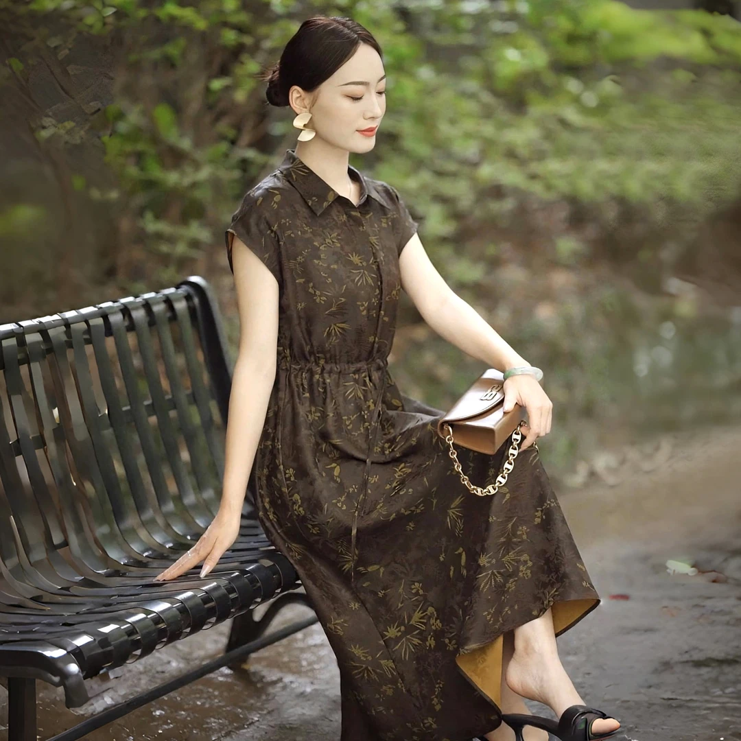 漾姿25年夏季新款30姆米香云纱花萝桑蚕丝连衣裙 XGX255-25894