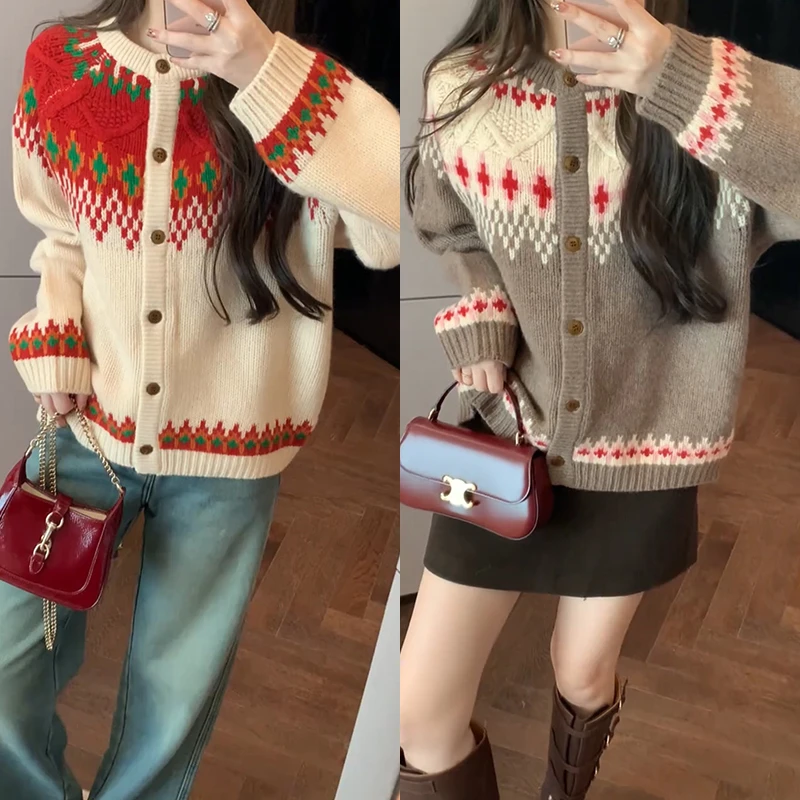 【mimius】游鹿鹿 复古圆领撞色提花菱格纹毛衣开衫 WF11118