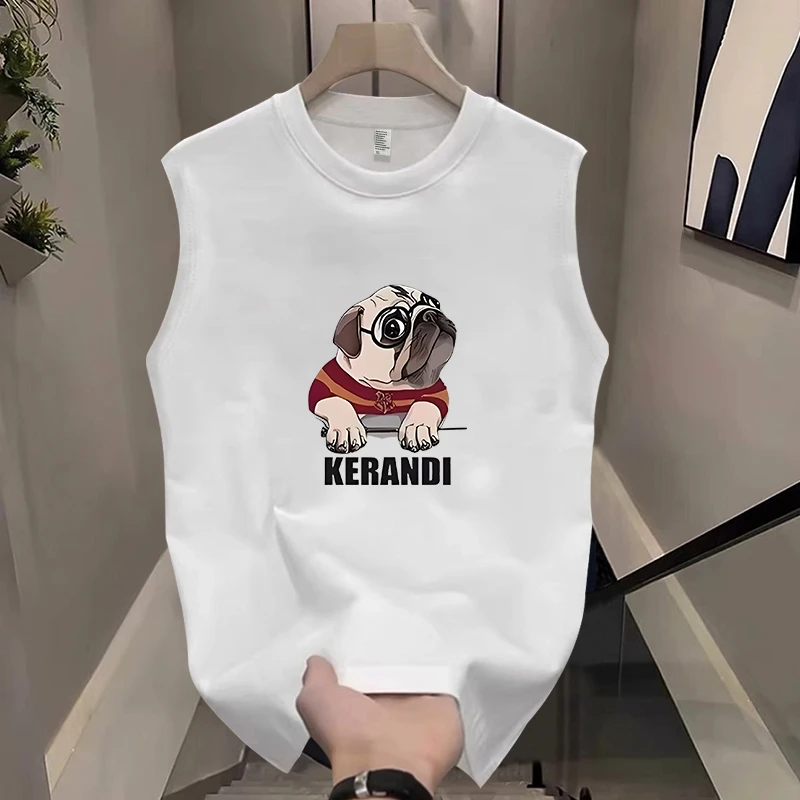 重磅纯棉背心男新款潮流傲娇沙皮狗印花无袖t恤男装男士坎肩上衣