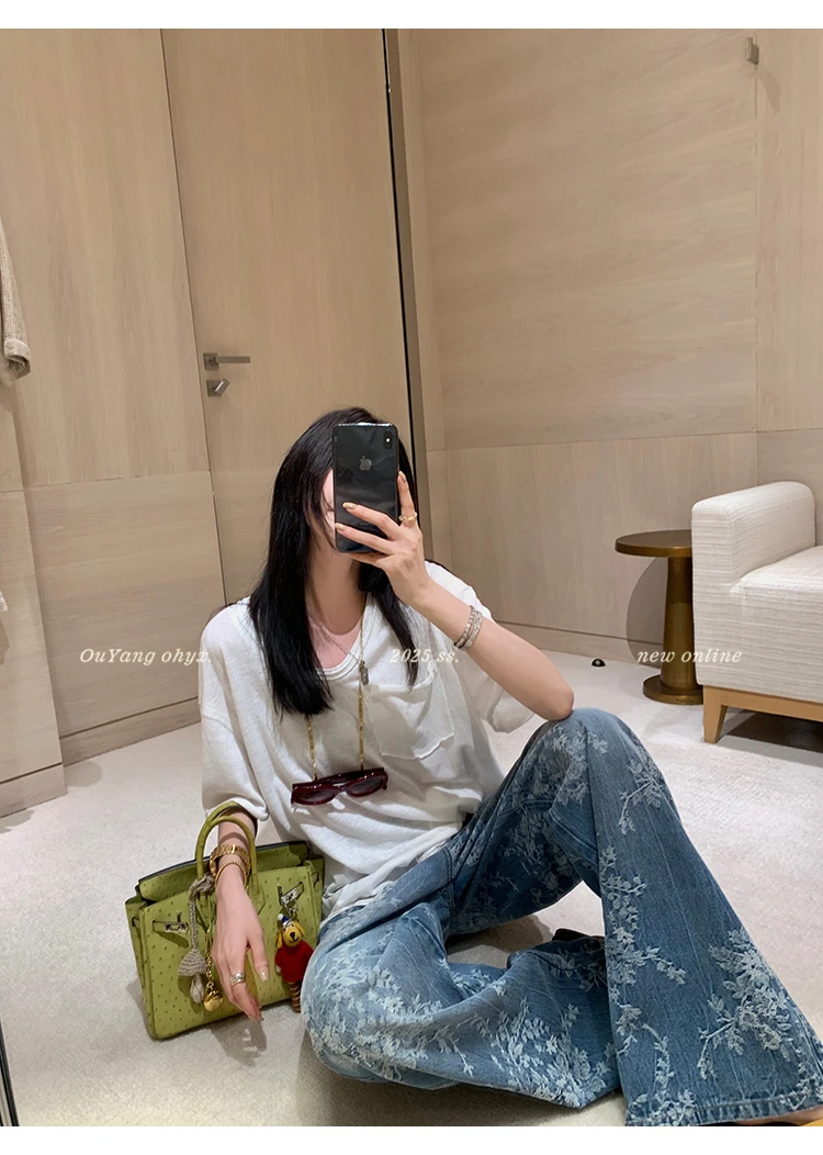 提花牛仔裤女夏季夏季宽松阔腿裤复古直筒长裤拖地裤子休闲显瘦