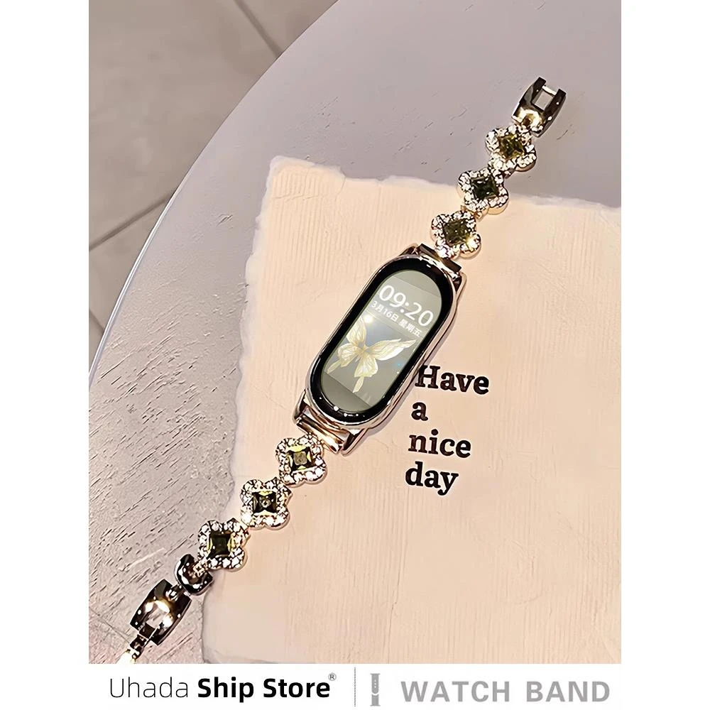 UhADa适用小米手环10表带【四叶草满钻】智能小米手环9表带钻石金属