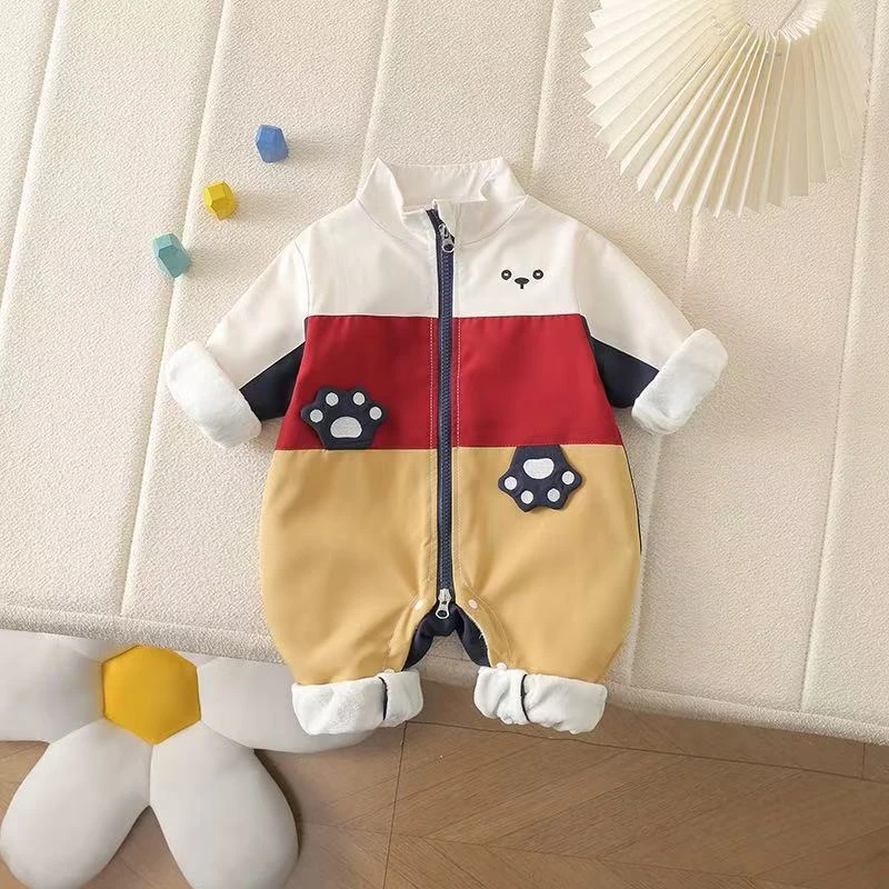 婴儿外出服冲锋衣春秋新款0-1岁宝宝双层连体衣韩版撞色爬爬服