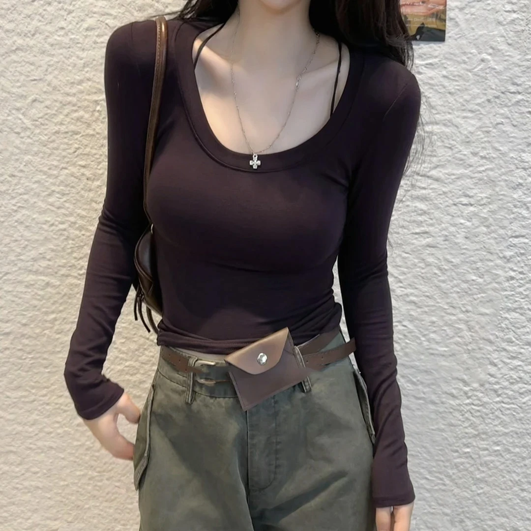 【有运费险】性感辣妹修身纯欲风U领内搭打底衫显瘦长袖T恤女秋冬ji