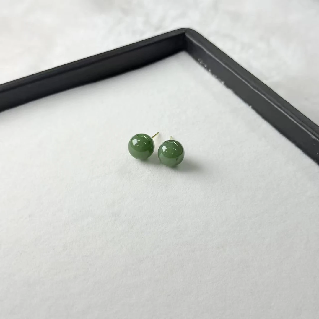 【睿泽赏宝】S925和田玉碧玉圆珠耳钉 多样性/有瑕 10mm KL0240056