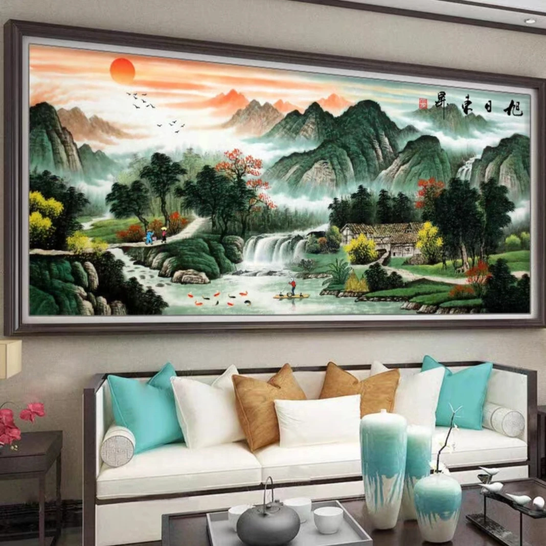 纯手工十字绣成品旭日东升2025新款客厅高端山水风景挂画175*70cm