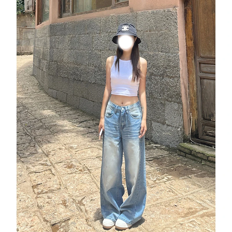 微胖mm蓝色折痕做旧水洗牛仔裤女夏季新款高腰显瘦宽松只要阔腿裤