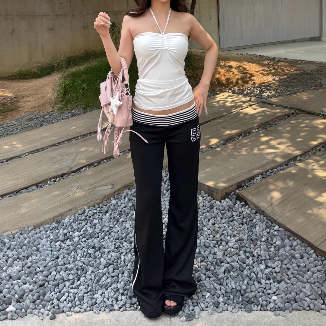 美式撞色条纹腰头休闲裤女春夏季低腰辣妹裤子宽松显瘦直筒运动裤