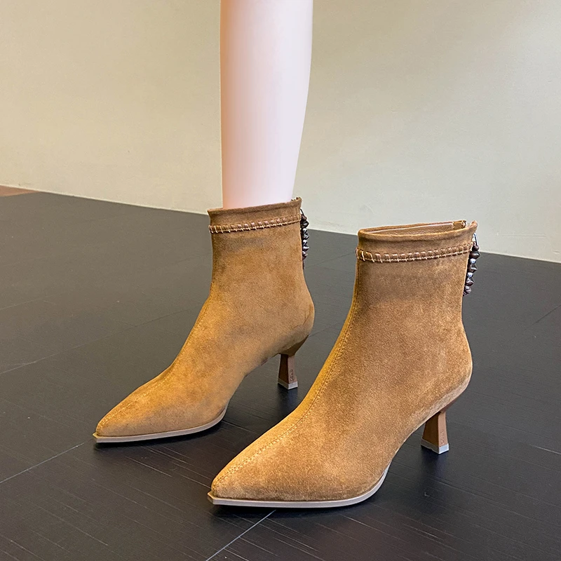 2025年新款法式复古高跟尖头显瘦弹力瘦瘦靴女气质百搭时尚短靴