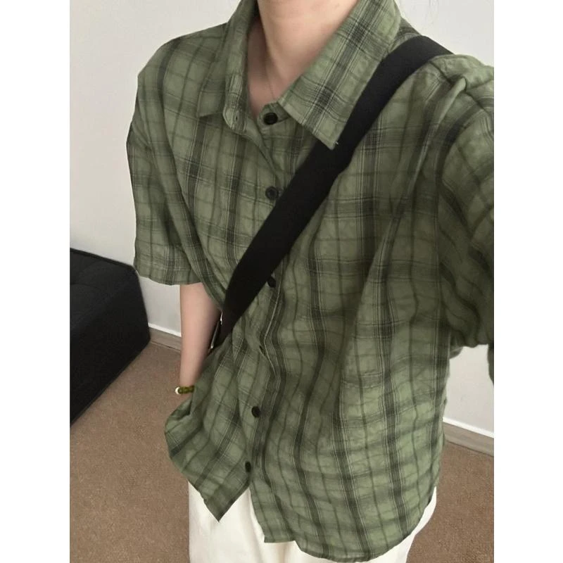 复古绿色格子短袖衬衫男夏季薄款凉感衬衣格纹翻领防晒情侣装外套