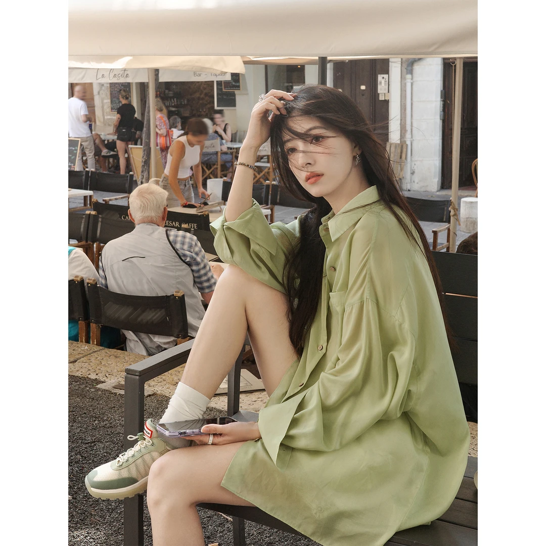 夏诗文 100%莱赛尔天丝休闲宽松衬衫简约落肩衬衣女