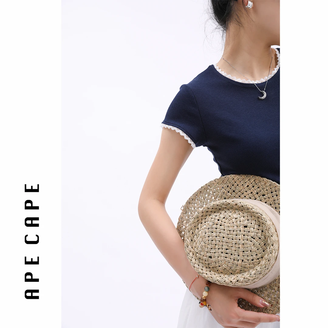APE CAPE【花边T】绞牙花边短袖T恤女  夏季坑条修身高弹短袖T恤女