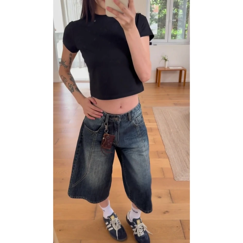 美式复古蓝色宽松休闲感牛仔裤女2025夏季新款高腰显瘦垂感七分裤