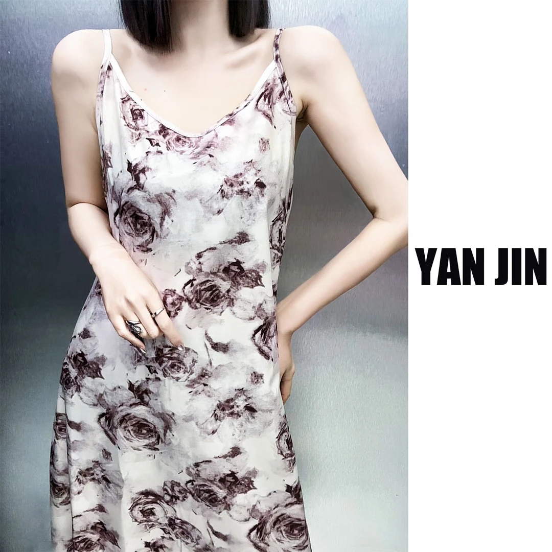 【水墨玫瑰连衣裙】- 时尚缎料吊带显瘦 吊带裙
