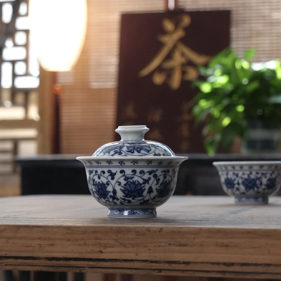 茶禾 禾她观雲青花缠枝莲景德镇纯手绘高温瓷盖碗