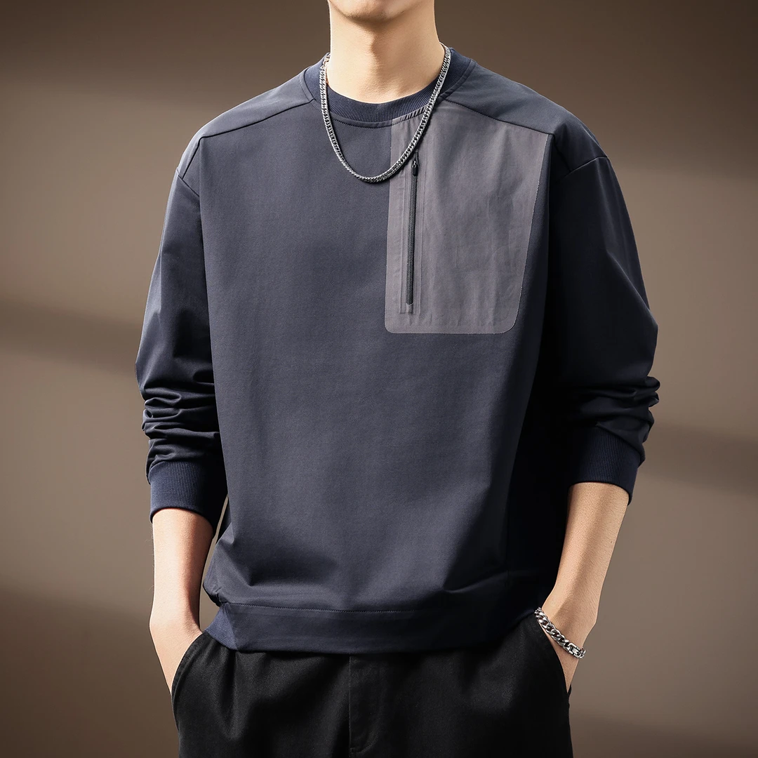 高端美式复古山系户外机能风卫衣男秋季宽松拼接长袖T恤男士上衣