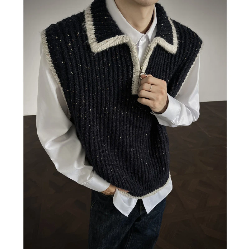COKEIN美式半拉链毛衣背心男款秋冬季满天星潮牌无袖坎肩针织马甲