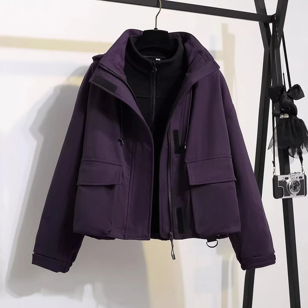 拉夏贝尔加厚冲锋衣两件套女2025秋冬季新款抓绒卫衣防风外套套装