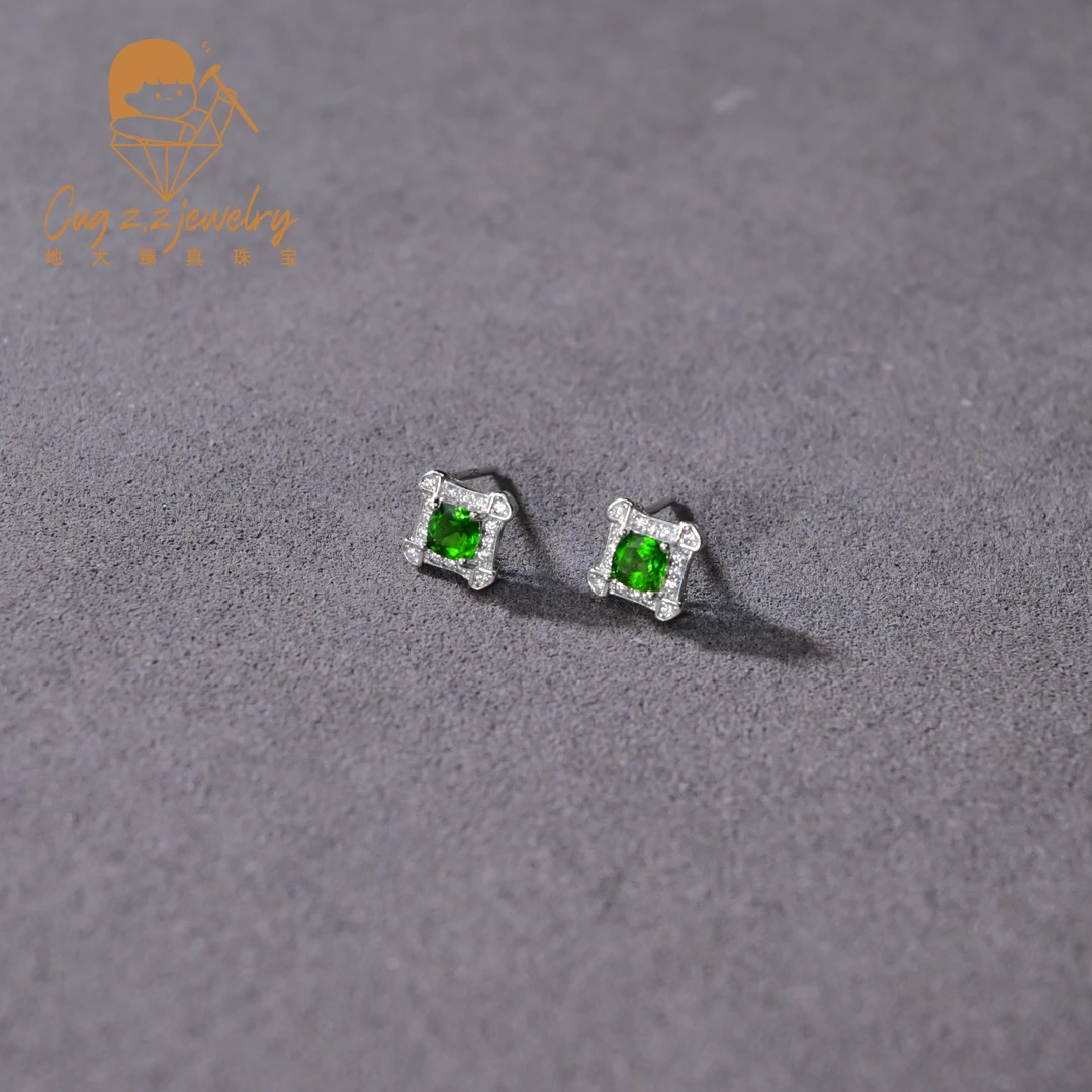 天然透辉石小方糖耳钉复古气质温柔耳钉925银