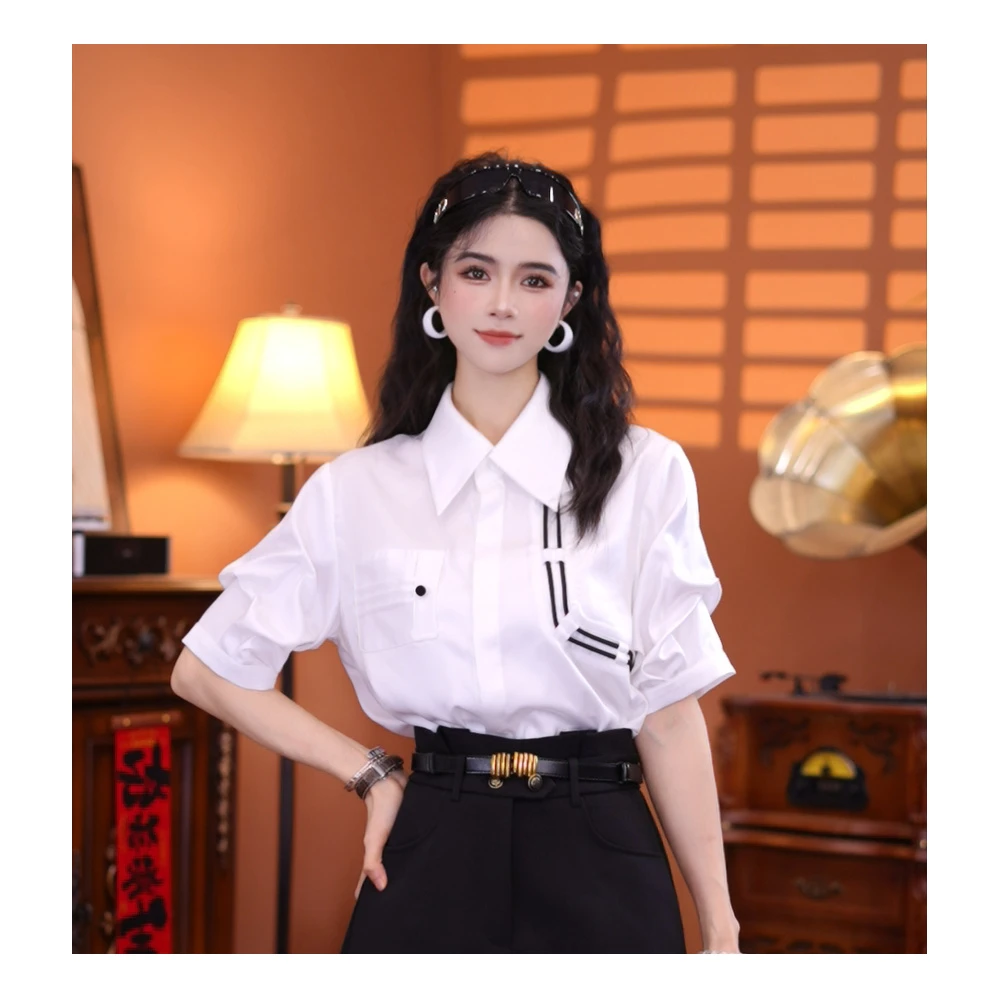 牧子【黑白黎明】港味复古时尚气质短袖上衣01855