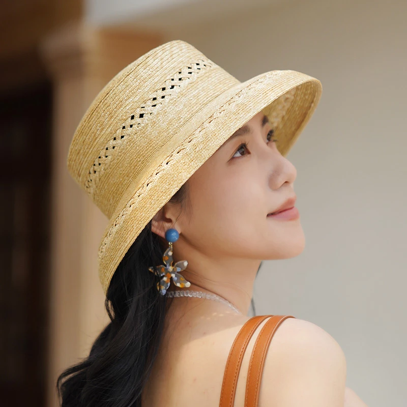 森系透影细麦草帽子女 镂空编织遮阳太阳帽手工灯罩时尚沙滩帽子