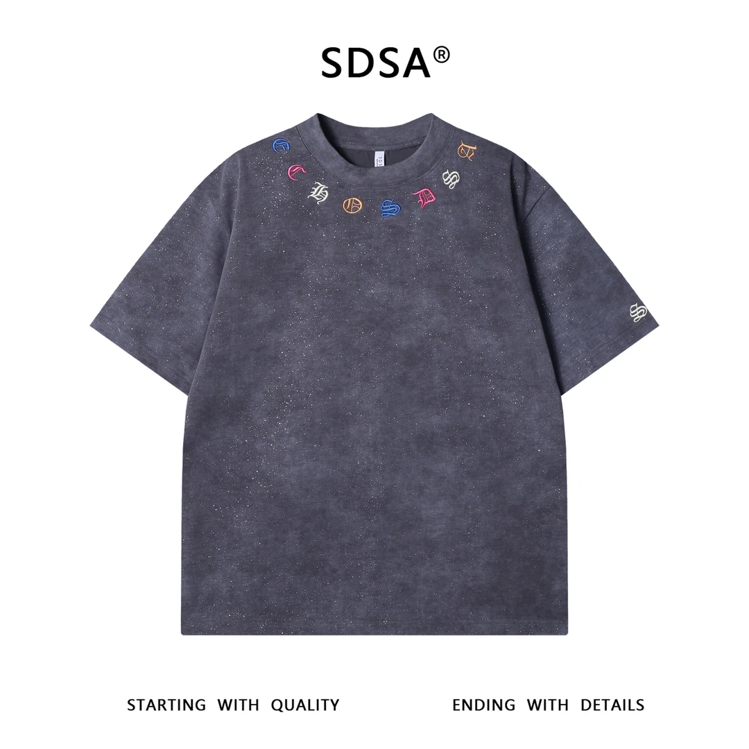 夏季高级感新款潮流彩色刺绣音符圆领短袖T恤满天星百搭潮流上衣