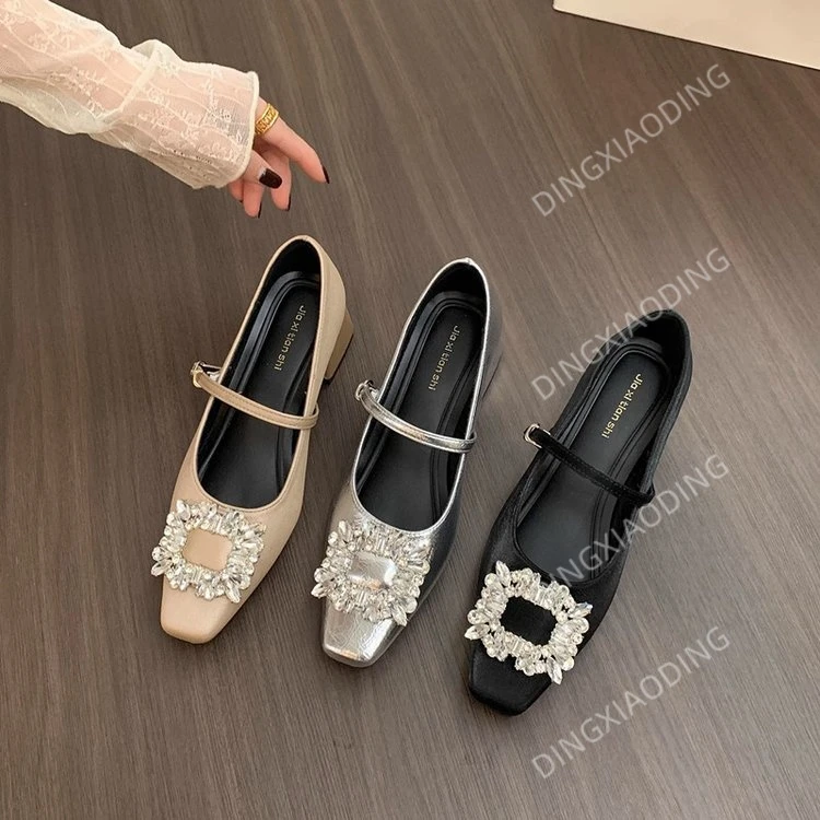 时尚水钻一脚蹬百搭夏季软底鞋子粗跟皮鞋小香风春季单鞋晚晚1