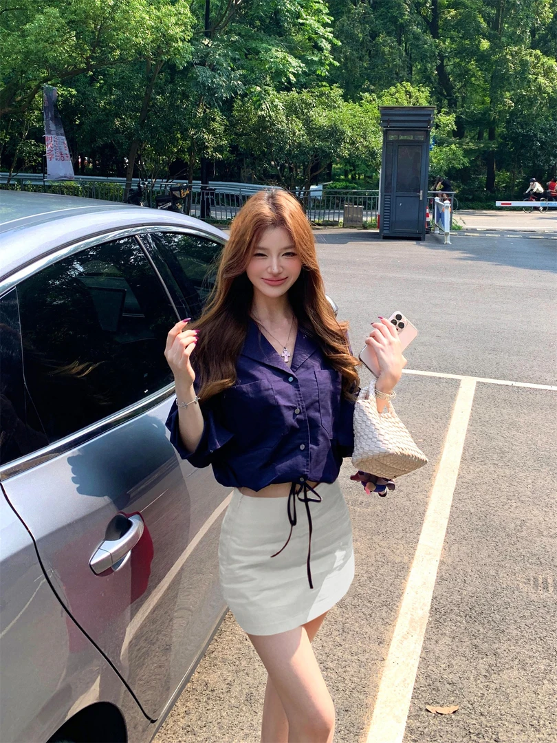 2025夏季时尚新款纯欲高质感纯欲衬衫女长袖衬衣+短裙安全裤