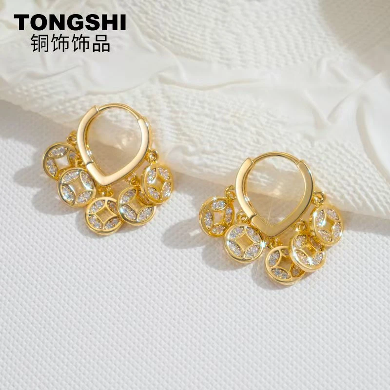 铜合金合成锆石耳饰 国风金色日韩高级感耳环复镶嵌耳扣
