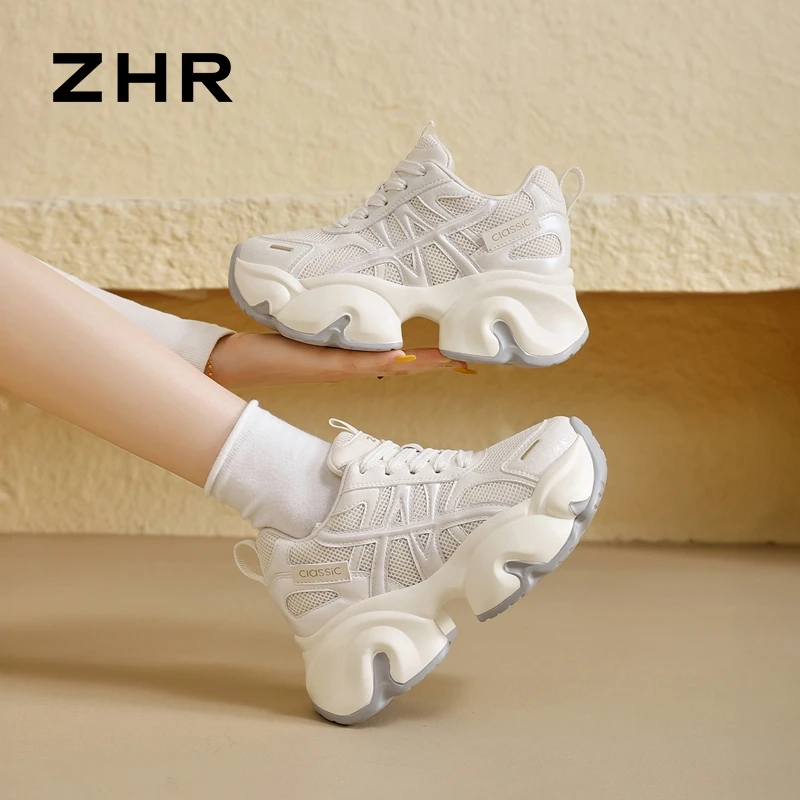 ZHR厚底老爹鞋女2025夏季女款网面透气增高不累脚百搭厚底运动鞋