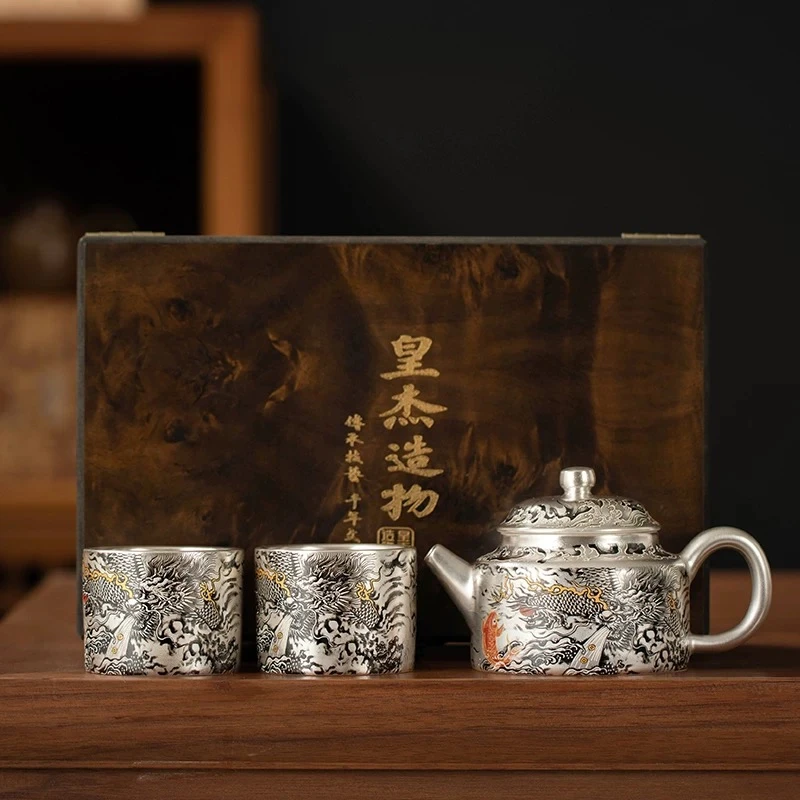 皇杰造物周鸿杰墨龙德钟银壶一壶两杯 Y84