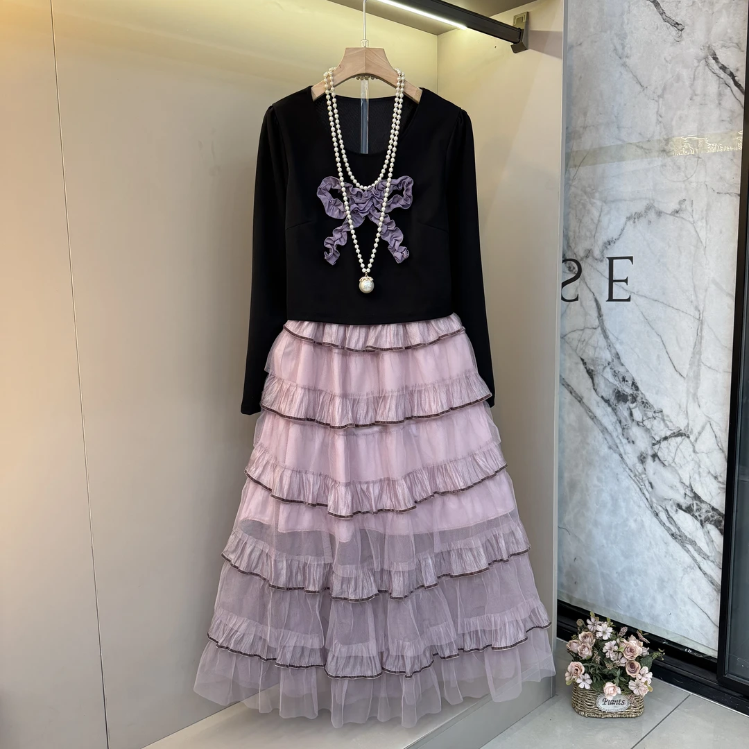 大码早秋新款长裙子胖mm显瘦遮肉连衣裙蝴蝶结网纱蛋糕裙99085