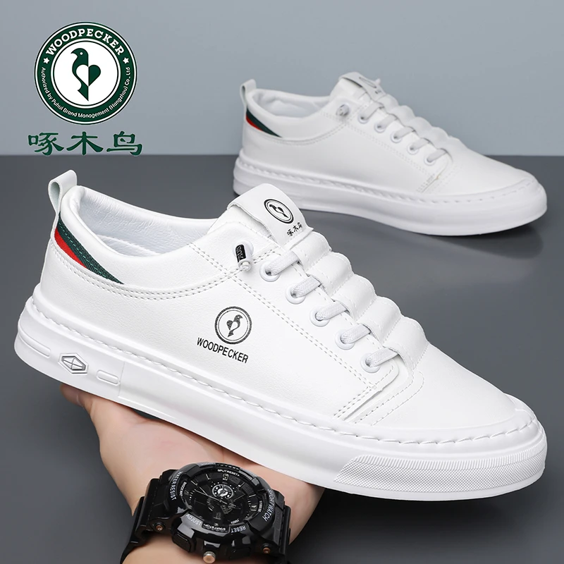 啄木鸟男鞋2026新款男生板鞋男士休闲皮鞋男真软皮潮流小白鞋百搭