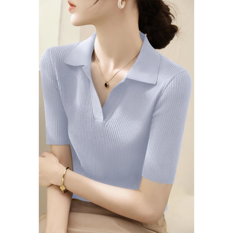 2025夏季新款OLO领莱赛尔天丝五分袖打底上衣V领修身显瘦针织衫女