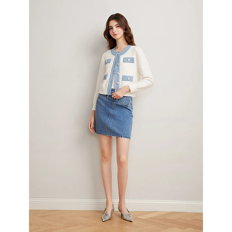 Goodland美地女装2025春季新拼接牛仔小香风针织开衫LC35106180