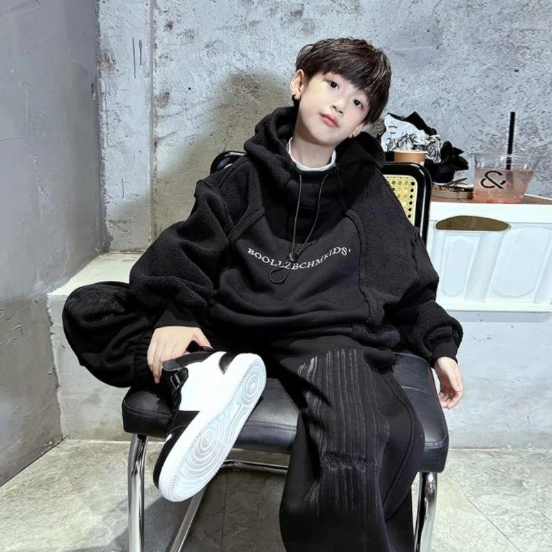 FAVMARTHA男童加绒套装秋冬2025新款韩版中大童加厚厚棉T帅气时髦