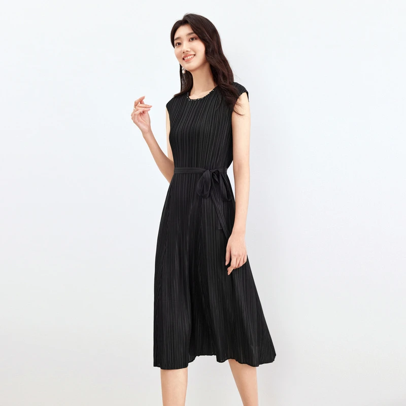 珂莱蒂尔夏季新款气质时尚简约收腰无袖百褶连衣裙中长裙KF09091