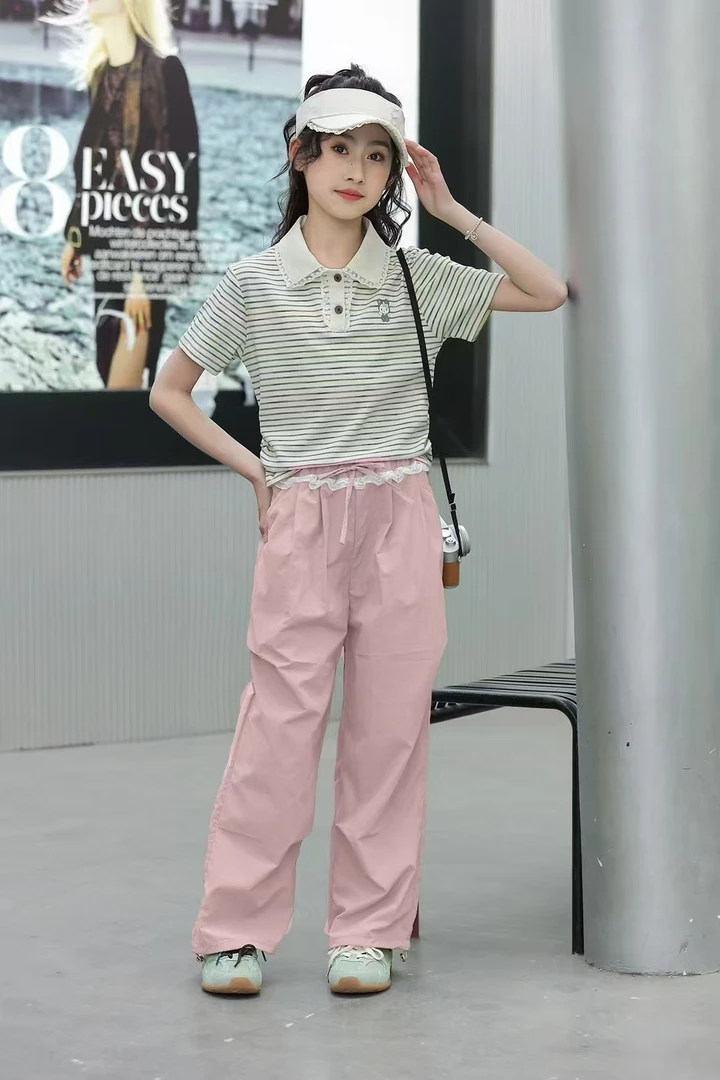 套装套头潮酷夏季运动风印花女粉色女童撞色上衣休闲工装童装大童