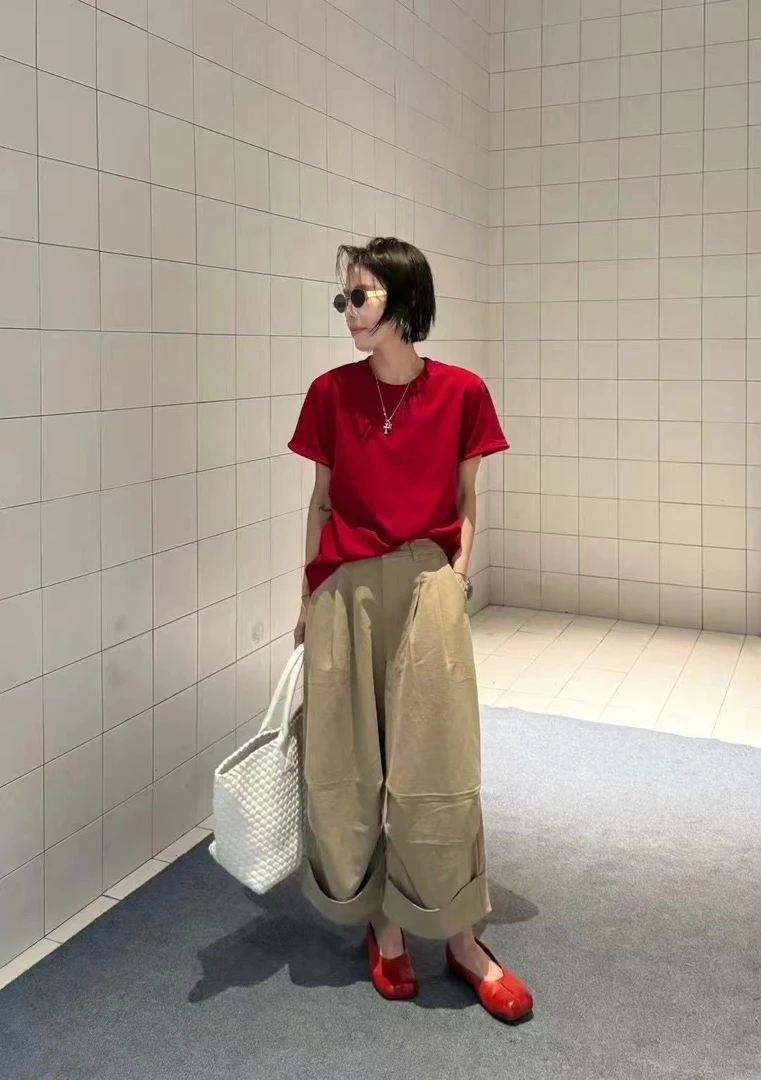 2025春夏新品欧货垫肩圆领短袖T恤红色女