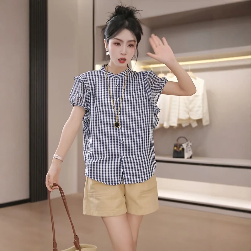 薄款设计感超好看格子短袖衬衫女2025夏爆款时尚休闲减龄小衫