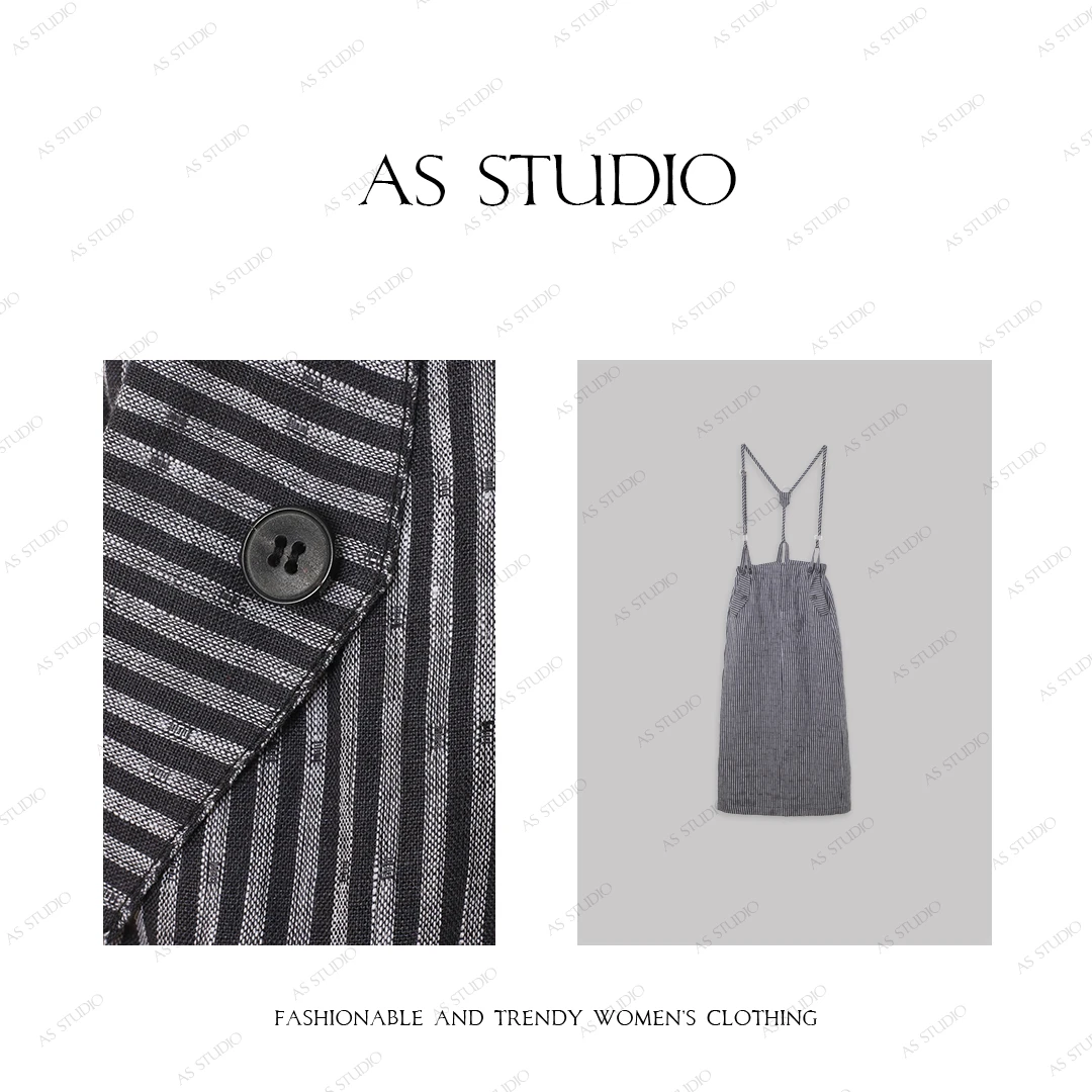 【AS小海归】25新原创雅痞百搭亚麻条纹背带直筒裙AS25CBD4135