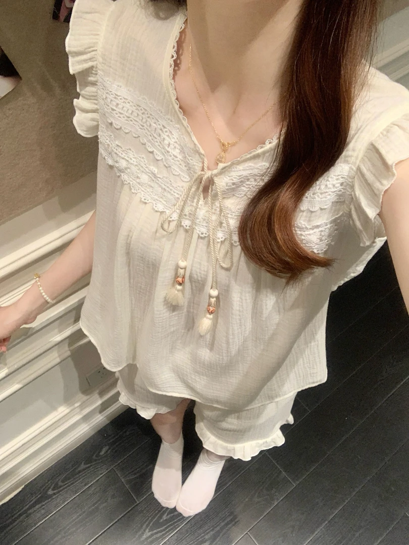 法式小飞袖双层婴儿纯棉纱带胸垫睡衣女夏季遮肉显瘦家居服可外穿