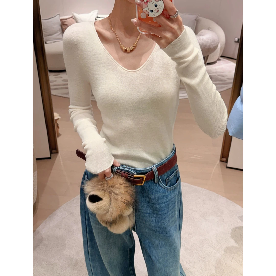 Janie Yee“天鹅颈”100绵羊毛进口扬子V领打底针织衫女 25A3353