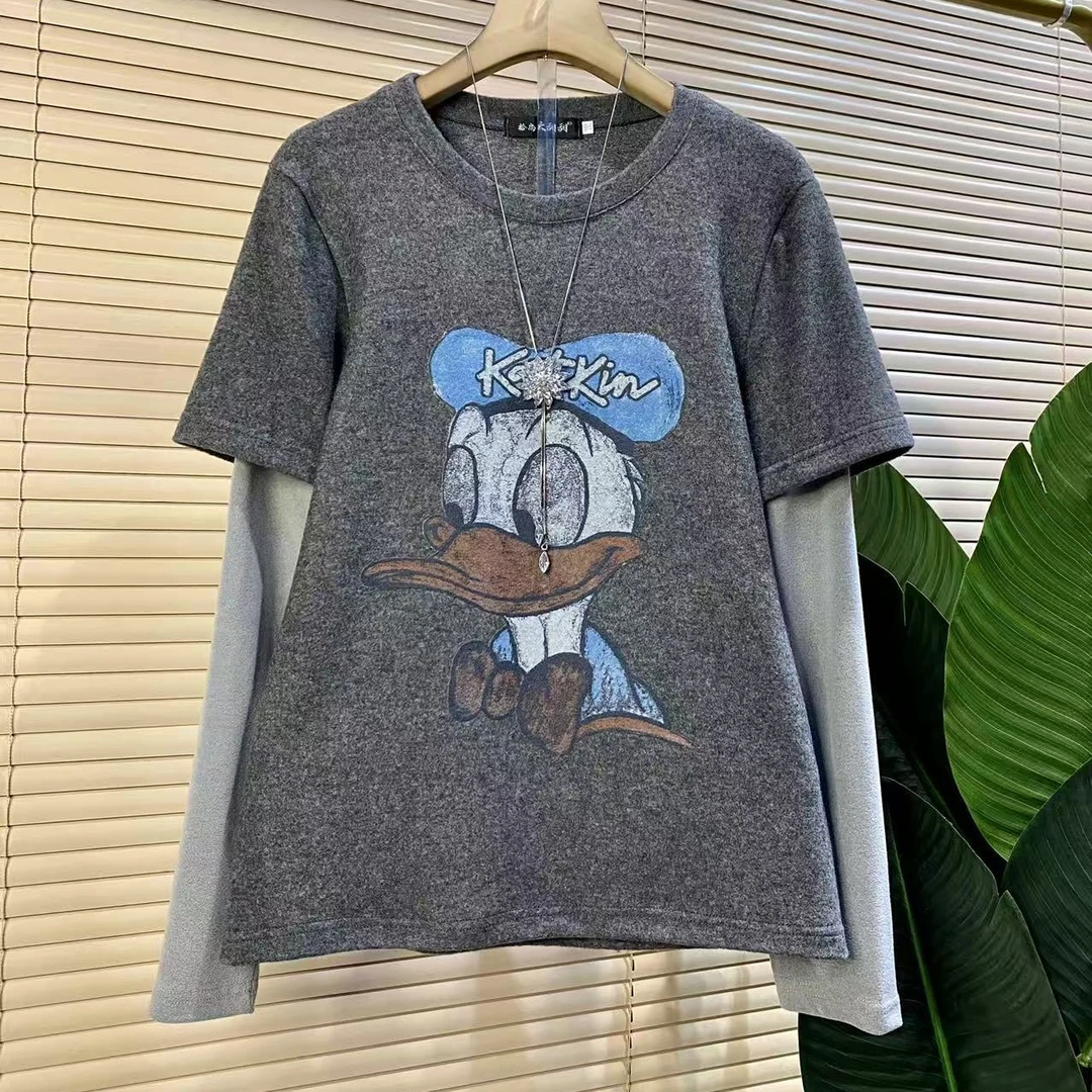 D胖mm欧货时尚新款卡通印花假两件宽松减龄百搭大衫