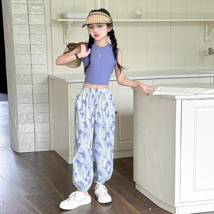 【丫丫童装】2025夏季新款女大童紫色防蚊裤套装休闲百搭K966