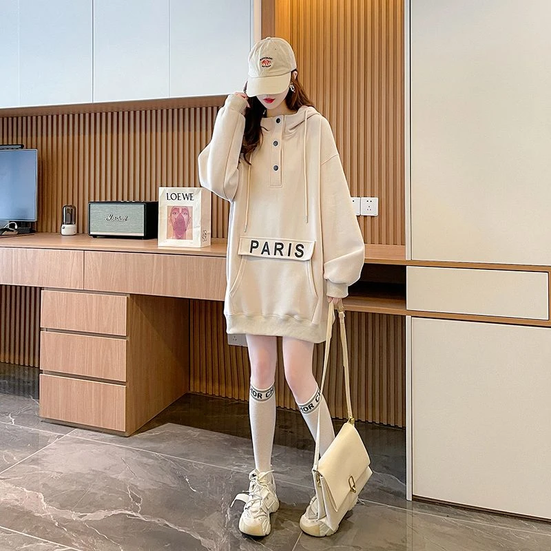 2025新款薄款潮流休闲百搭中长款连帽卫衣女中长款春秋薄款卫衣潮