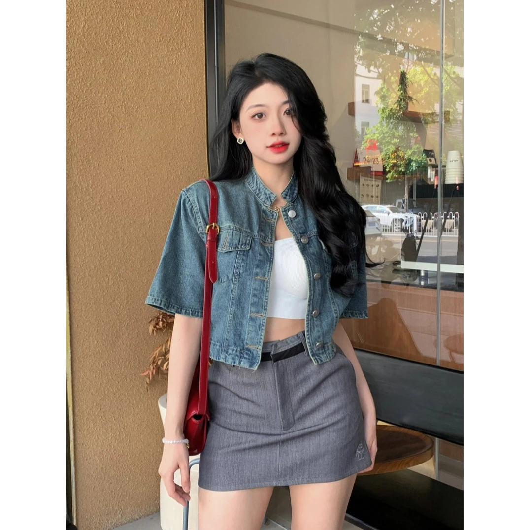 实拍百搭休闲薄款浅色牛仔外套女2025秋季修身显瘦短袖牛仔衣外搭