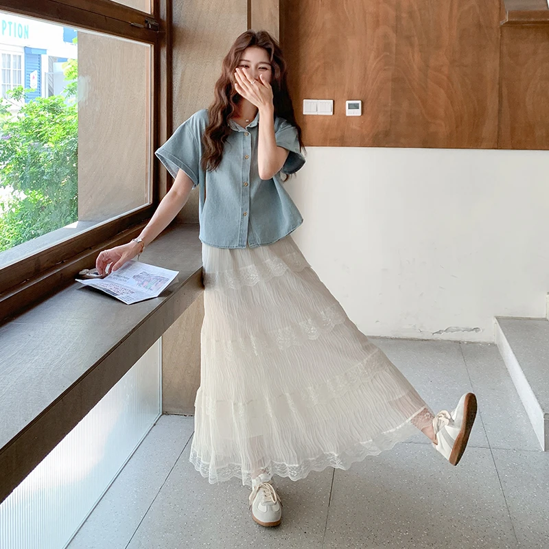 韩系绝美套装夏季女2025年新款薄款牛仔衬衫蕾丝花边半身裙两件套